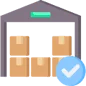 Warehouse storage icon with stacked boxes and a blue check mark