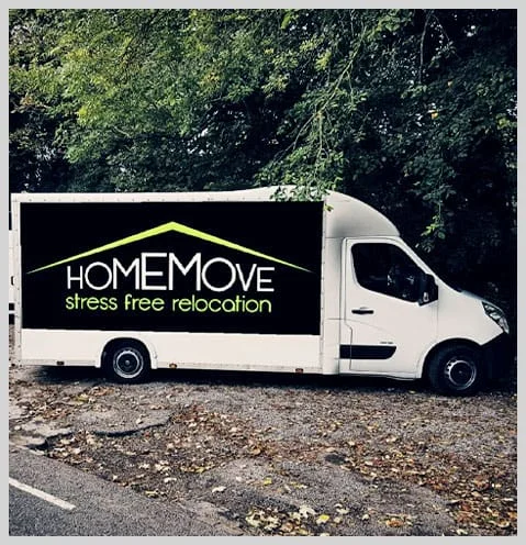 HomeMove relocation van parked on roadside with branded logo